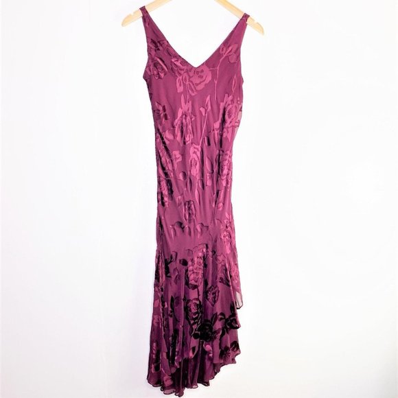 Vintage Dresses & Skirts - VTG Burgundy Burnout Formal Dress w/ Ruffle Hem 6P